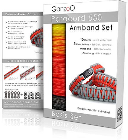 Ganzoo Paracord 550 armbandsset självknytning/pysselset |/knytset/gör-det-själv-armband med klicklås och instruktioner/snodd/armband gör det själv av parachute-band/färg: Eld