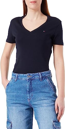 Tommy Hilfiger Damen T-Shirt Kurzarm Slim Cody V-Ausschnitt, Blau (Desert Sky), XS