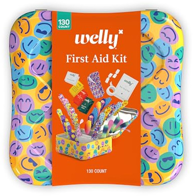 Welly First Aid Kit - Bravery Badges in Flexible Fabric and Waterproof, Tape and Non-Stick Pads, Butterfly Strips, Singe Use Ointments Triple Antibiotic and Hydrocortisone, and Ibuprofen - 130 Count