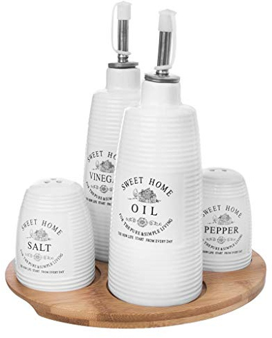 Juego de especias de porcelana con bandeja de madera de bambú Sweet Home Collection para aceite y vinagre, sal y pimienta
