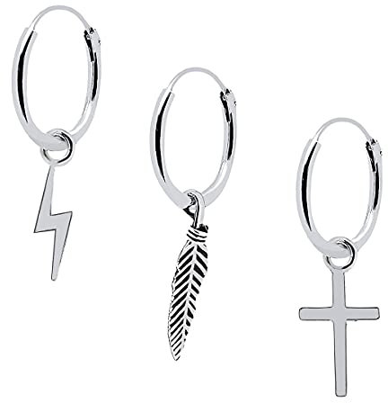 ENTREPLATA Pendientes Plata 925 Unisex – Joyas Modernas para Hombre y Mujer – Set de 3 Aros Criollas con Charms Colgantes Rayo, Cruz y Pluma