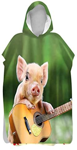3D Badeponcho Surfponcho, Treer Surf Poncho Umziehhilfe Schnelltrocknend Strandtuch Strand Handtuch Badetuch mit Kapuze aus Mikrofaser für Erwachsene Herren Damen Kinder (80x145cm,Gitarre Schwein)