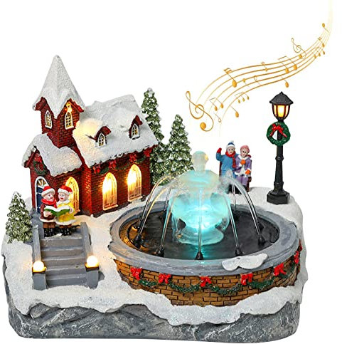 FUFRE Villaggio di Natale Luminoso e Animato con Fontana - Casa Rossa con Scene di Neve e Musica - Decorazione Natalizia, Regalo Perfetto