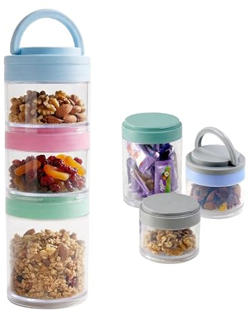 GEEZY 3 Piece Stackable Snack Pots with Lids & Removable Handle - Portable Tower, Travel Food Containers for Kids & Adults - Small Storage Jar Organisers for Nuts, Fruits, Lunch, Office, Camping