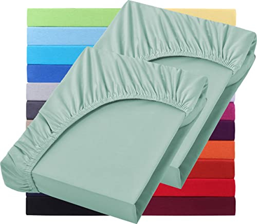 NatureMark Basic - Set di 2 lenzuoli con angoli elasticizzati in jersey, 90 x 190 cm, 100 x 200 cm, bordo 25 cm, lenzuolo con angoli 100 x 200 cm, 100% cotone, giada