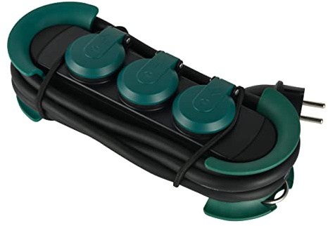 Electraline 62573 Professional Outdoor Power Strip 3 Schuko-uttag med IP44-kontakt Hängande med 2 krokar 3M Gummikabel H07RN-F 3G1.5 Svart/Grön