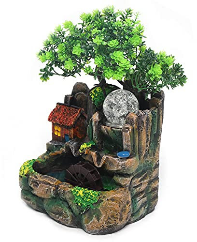 Zimmerbrunnen Tischbrunnen, LED Desktop Brunnen Innen Wasserfall Steingarten Feng Shui Tischbrunnen Mit Kristallkugel und Zerstäuber für Zuhause,Büro,Schlafzimmer