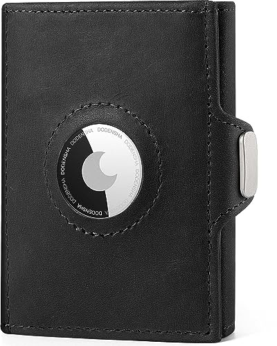 DODENSHA Airtag Mini Geldbörse mit Münzfach und RFID-Schutz I Portmonee mit Knöpfen für Herren I Slim Wallet I Karten Portemonnaie Klein | Kreditkartenetui für Herren | Crazy-Horse Schwarz