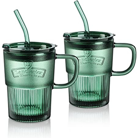 Joeyan 450ml Vaso de Vidrio con Tapa y Pajitas, Juego de 2 Taza de Agua Verde con Mango,Helada Sellado a Prueba de Fugas para Café Caliente o Helado Bebidas Mixtas,Hogar Oficina al Aire Viaje Libre