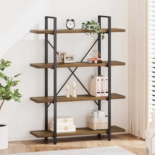 HSH Industrial 4 Tier BookShelf, Modern Metal and Wood 4 Shelf Bookcase Etagere, Farmhouse Open Wide Display Storage Bookshelves and Bookcases Heavy Duty for Bedroom Living Room Office, Rustic Oak