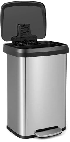 TANGZON 50L/68L Recycling Pedal Bin, Stainless Steel Kitchen Bin with Soft Close Lid, Handle & Non-Slip Base, Fingerprint-Proof Waste Separation Trash Can (50L, with Deodorant Box, Silver)