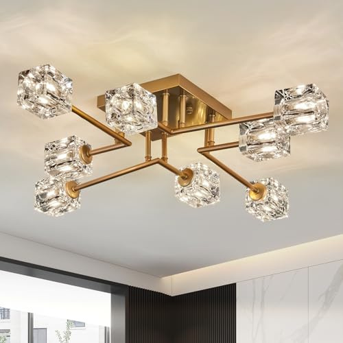 Qgiytp Vintage Gold Semi Flush Mount Ceiling Light 8-Light Glass Sputnik Chandeliers Mid Century Modern Crystal Ceiling Light Fixture for Living Room Dining Room Bedroom Kitchen Foyer