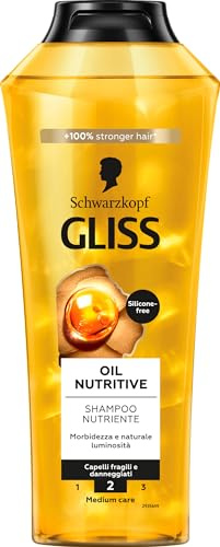 Schwarzkopf Gliss Oil Nutritive Shampoo Nutriente 400ml, Shampoo nutriente arricchito con Omega 9 e Olio di Marula, Prodotti per capelli fragili e danneggiati