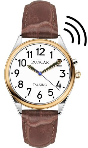 MAUJOY Orologio parlante da donna per anziani ciechi con disabilità visiva, voce forte e chiara,parla tedesco, Marrone., Orologio parlante