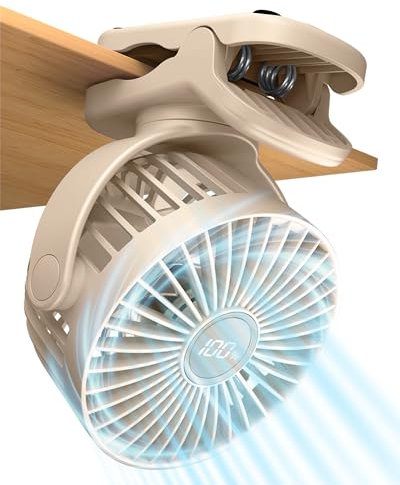 Portable Mini Personal Fan, Small Rechargeable Battery Powered Stroller Fan for Desk, Strong Clamp Grip, 360° Rotation, 3-Speed, LED Display, Clip On Cooler for Bed, Golf Cart, Office, Beige