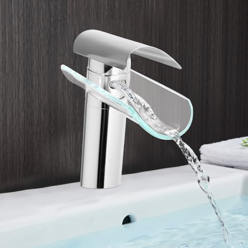 Modern Wasserhahn Wasserfall Waschtischarmatur Einhandmischer Wasserhahn Bad Edelstahl Mischbatterie Waschbecken Armaturen für Badezimmer, Silber