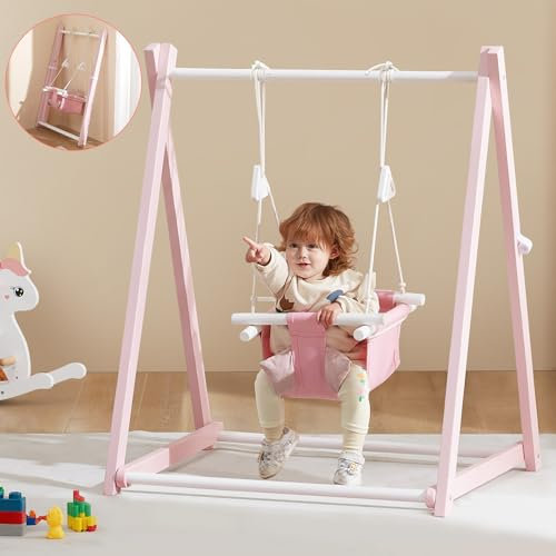 FUNLIO Altalena pieghevole in legno per bambini da 6 a 36 mesi. Realizzata in pino resistente, portatile con 4 sacchi di sabbia e cinghie di estensione. Per uso Interno/Esterno - Rosa