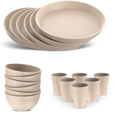 HOMGEN 18PC Camping Plastic Plates and Bowls Set Microwave&Dishwasher Safe | BPA Free, Stackable with Plates Bowls Cups, Unbreakable for Kids, Lightweight Party Dinner Set for 6, for Home, Picnic, RV