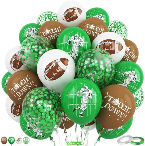 Football Balloons,60Pcs 12 Inch Green Brown White Green Confetti Football Party Balloons for Boy Football Birthday Sport Party Decorations Sports Baby Shower Graduation Party Supplies