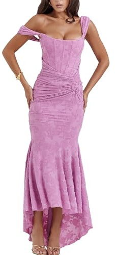 xxxiticat Abito elegante da donna, in pizzo, a spina di pesce, con tracolla, maxi abito, Colore: rosa., M