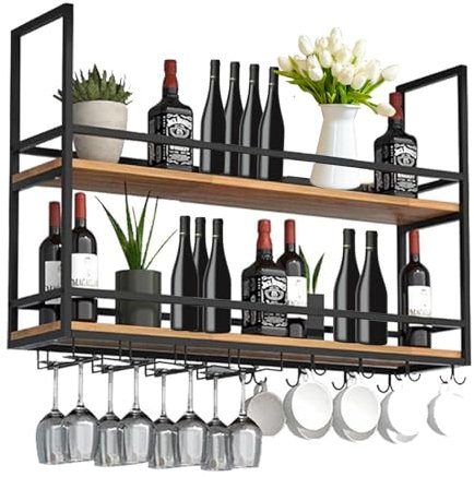Portabottiglie sospeso, portabicchieri Doppio in Metallo con portabicchieri Alto, mensola sospesa per Barra da soffitto, scaffale portaoggetti per Bar, Cucina, caffetteria (Dimensioni: 100 c