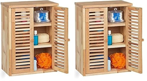 Relaxdays Hängeschrank, Walnuss, HxBxT: 46,5 x 35 x 21 cm, Lamellentüren, 3 Fächer, Wandschrank Badezimmer, Küche, Natur (Packung mit 2)