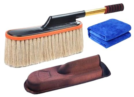 JIEBWCHA Pulitore per la polvere dell'auto, set di pulizia per interni dell'auto, con piumino e spazzole, set per la cura dell'auto, in cotone cerato, portatile, 3 pezzi, per pneumatici, cerchioni e