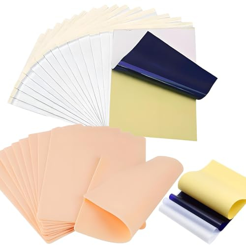 50 Stück Kunsthaut Tattoo Übungshaut Transferpapier Set, 40 Blätter Stencil Papier Transferpapier und 10 Stück Fake Skin 1mm, Tattoo Zubehör für Bastler und Anfänger Übungshaut zum Tätowieren