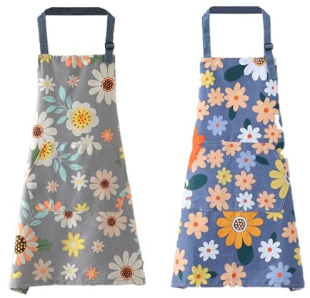 Kisstta 2 Stück Kochschürze Damen, Schürze Damen mit Taschen, Küchenschürzedamen Baumwolle, Kittelschürzedamen mit Verstellbarem Nackenband zum Kochen, Backen, Malen, Hausarbeiten