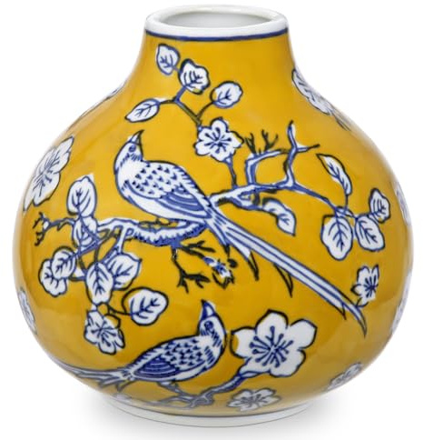 Hollyone Blue and White Vase Porcelain Vases Yellow Small Chinoiserie Decor Yellow Vase Classic Ceramic Gifts Chinese Flower Vases for Bedroom Living Room Console Table Accent Shelf Tabletop Decor