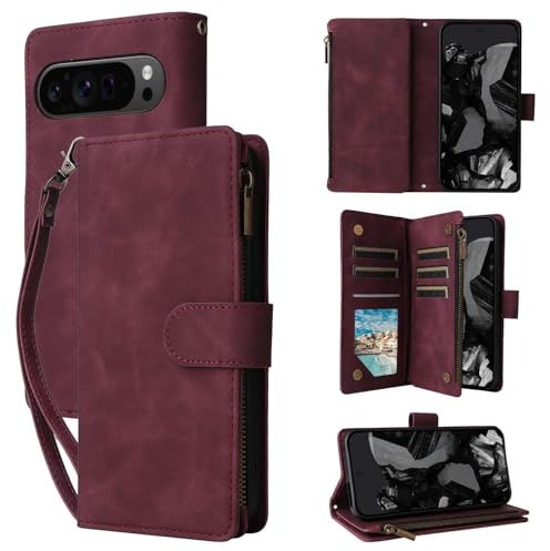 QLTYPRI Schutzhülle für Google Pixel 10 Pro XL, große Kapazität, Leder, Brieftaschenformat, 6 Kartenhalter und 1 Reißverschlussfach, Ständer, Handschlaufe, magnetische Schutzhülle, Weinrot
