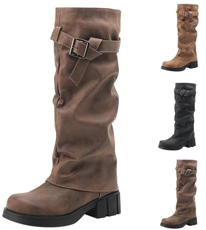 Bottes western pour femme - Bout rond - Hautes bottes de cowboy avec boucle - Bottes en daim - À enfiler - Gothique punk à plateau, marron, 39 EU
