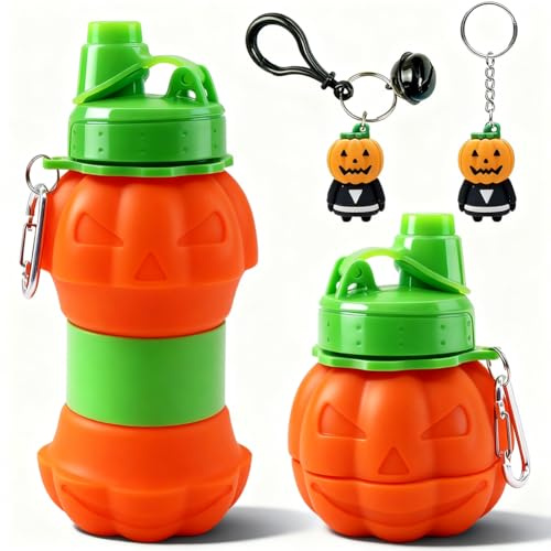 OPVXZAD Botella de Agua Plegable de Silicona,Botella Agua Silicona Diseño Kürbis,550 ml,Plegable, A Prueba de Fugas,Para Niños y Niñas con Llavero de Kürbis Trofeo (OrangeB)