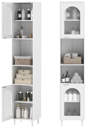 GIANTEX Armadio da Bagno a Colonna Autoportante 180 cm, con Ripiani Regolabili, Scomparti Aperti e Ante in Vetro Temperato, Mobile Portaoggetti per Soggiorno e Cucina, Bianco