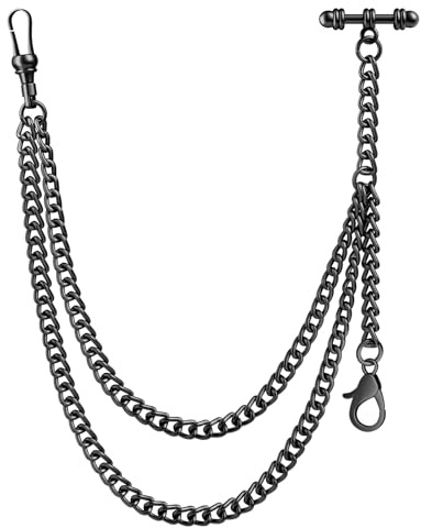DerMacht Pocket Watch Chain with Albert Chain with T Bar Black