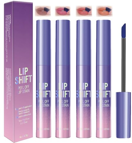 Peel-Off Liquid Lip Stain Set, 4-Piece With Integrated Applicator Wands | Nude Brown, Pink, Coral Red And Orange Shades, Purple-To-Pink Gradient Tubes, For Everyday Make-Up And Warmer Lip Looks