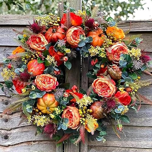 Luxury Fall Peony Pumpkin Wreath - All-Season Farmhouse Front Door Decor, Realistic Autumn Leaf and Rattan Wreath, Harvest Thanksgiving Welcome Garland (15.7/40cm)