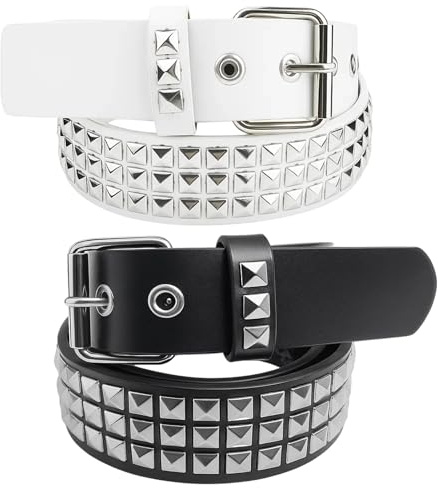 YenMzx Studded Belt, Punk Rivet Studded Belt for Jeans and Pants, Goth Belts with Bullet Studs, Black and White Punk Rock Grommet Belts for Men and Women