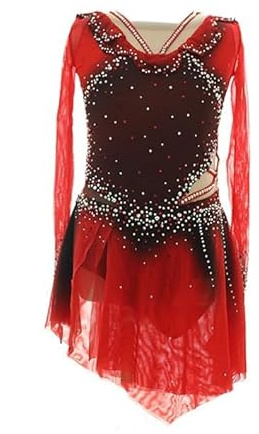 Nnnydjy Tävlingsklänningar för konståkning för tjejer Svart Röd Halo Dyeing Rytmisk Gymnastik Leotards för kvinnor Långärmad Roller Balett Fishbone Kjol,Red,XXL