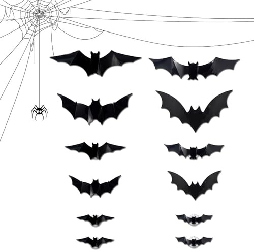 Kustimantu Chauves-souris 3D Lumineuses Halloween - Chauves-souris 3D Lumineuses Halloween - 12 stickers effrayants pour décoration intérieure - Pour salon chambre bureau école patio jardin terrasse