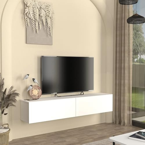 [en.casa] TV Lowboard hängend Nolven Fernsehschrank schwebend mit 2 Türen Wohnzimmer Hängeschrank TV-Regal 160 x 32 x 30 cm Weiß