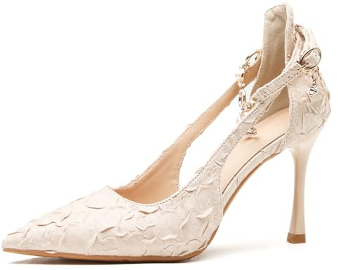Kvinnors domstolspumps nålklackar strass ankelrem spetsad tå pumpar för sommarfester och formella tillfällen topp satin, Aprikos 5 cm, 42 EU