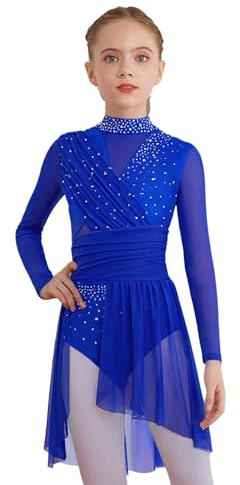 YEAHDOR Vestido de Patinaje Artístico Hielo para Niña Maillot Baile de Manga Larga con Brillante Leotardo Gimnasia con Falda Tul Vestido de Baile Moderno Azul 9-10 años