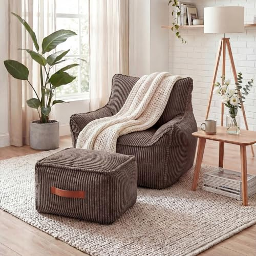 PREMTURE Sitzsack Sessel mit Hocker für Erwachsene, Flauschiger Cord Stoff, Riesen Sitzsack Cord mit Füllung, Bean Bag Chair, Bequemer Sessel Wohnzimmer, Lounge, Schlafzimmer, Büro，Braun