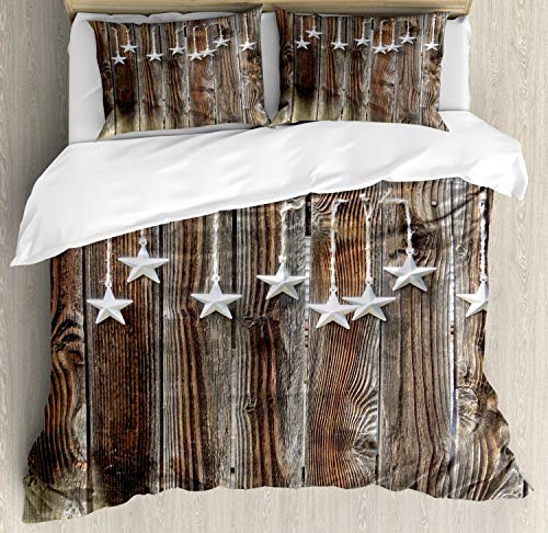 Ambesonne Prehistoric Country Duvet Cover Set, Grey Colored Ornate Stars on Wooden Rustic Fence Cabin Design Print, Decorative 3 Piece Bedding Set with 2 Pillow Shams, Queen Size, Brown Grey