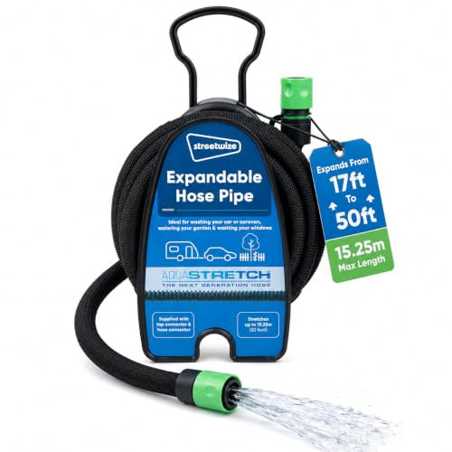 Streetwize - 15.25m Aquastretch Expandable Hose Pipe, Multi Use Garden Hose | Built In Carry Handle, Tap/Hose Connector, Integrated Storage Holder, Black Hose, Up to 3x Expansion, 900g Lightweight Design
