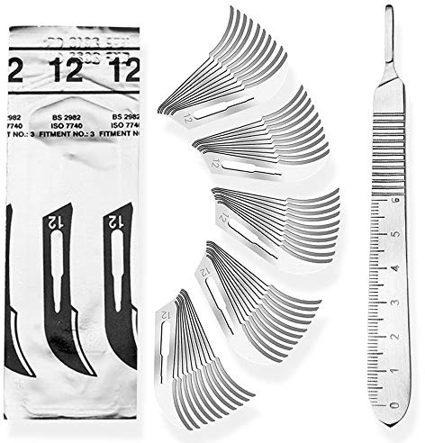 May Skalpell-Set Figur 12 Halter 3 Maßskala 13 cm Karbonstahl 50 Stk | Skalpell-Set: Edelstahl-Halter (Fig. 3, 13 cm) mit cm-Maßskala inklusive 50 sterilen Karbonstahlklingen der Figur 12.