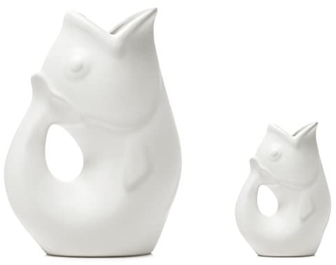 Gurgle Pot Fischkrug – 2er-Set, mattweiß, französisches Design, großer Krug 1,2 l mit passendem Sahnekännchen, mattweiß, das perfekte Geschirr für drinnen und draußen.