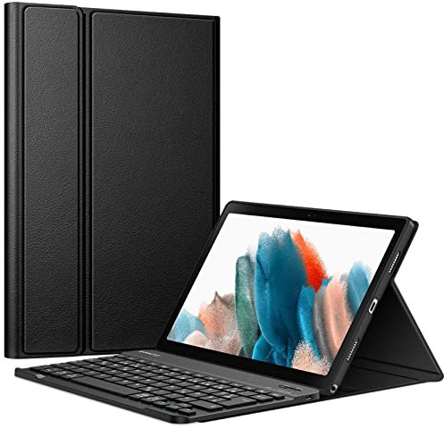Fintie Tastatur Hülle für Samsung Galaxy Tab A8 10.5'' 2022/2021 SM-X200/X205, Soft TPU Rückseite Gehäuse Schutzhülle, Magnetisch Abnehmbarer Tastatur mit Deutsche QWERTZ Layout, Schwarz