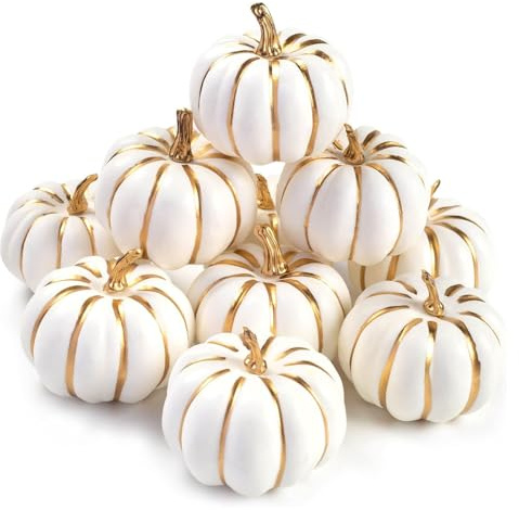 DomeStar 10PCS White Foam Pumpkins with Gold Lines, Artificial Pumpkins Harvest Fake Maple Leaves for Decorating Fall Farmhouse Thanksgiving Home